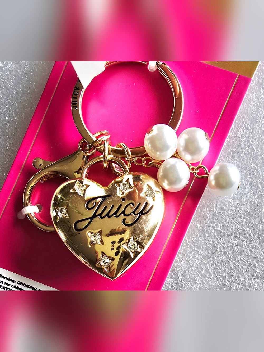 NEW! Juicy Couture Gold Heart Keychain with Pearl Charms